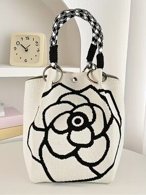 Cream & Black Floral Knit Tote Bag with Braided Handles